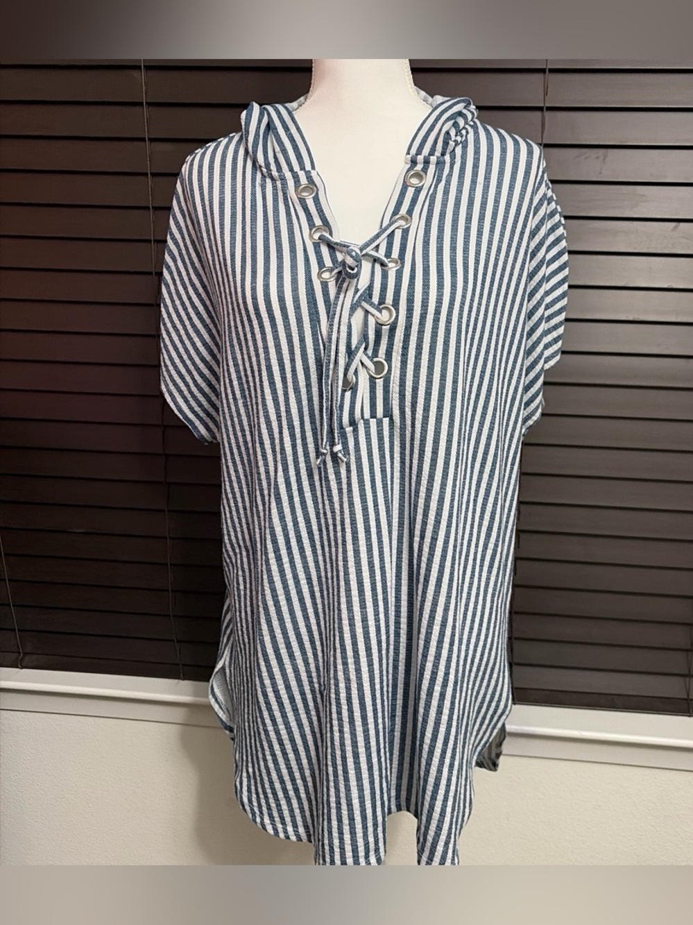 Time and Tru Blue and White Striped Lace-Up Hooded Tunic